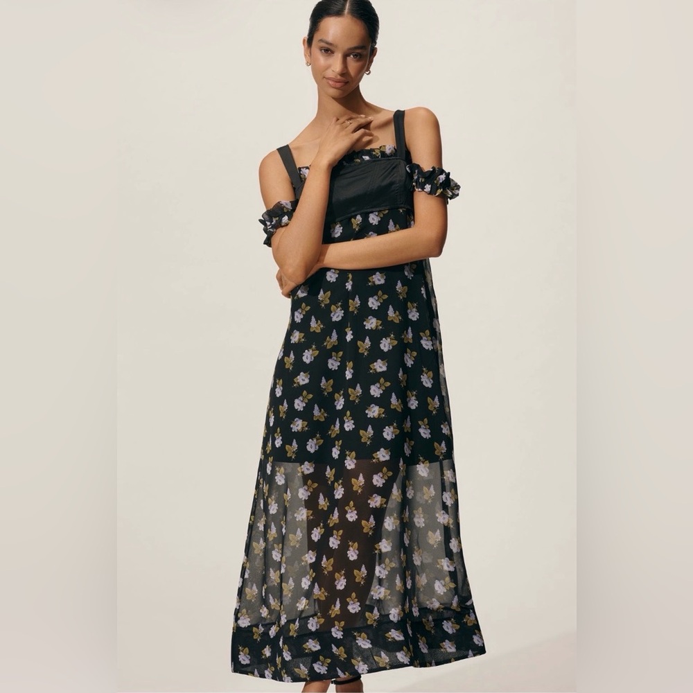 Maeve Square-Neck Sheer Floral Midi Dress Black Floral NWT Small Anthropologie